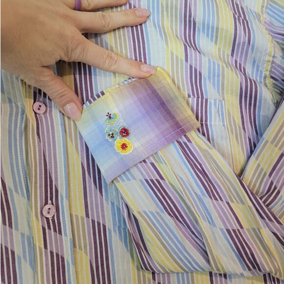 Bugatchi Uomo Shirt Men’s L Colorful Striped Shaped Fit Party Style EUC - Picture 4 of 12